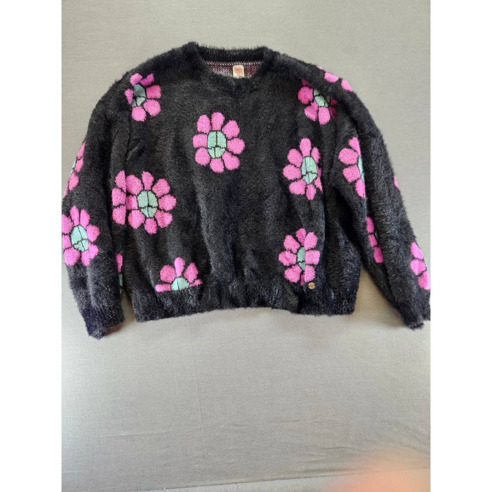 Justice Girls XL 16/18 Fuzzy Eyelash Knit Flower Peace Sign Sweater Black Pink